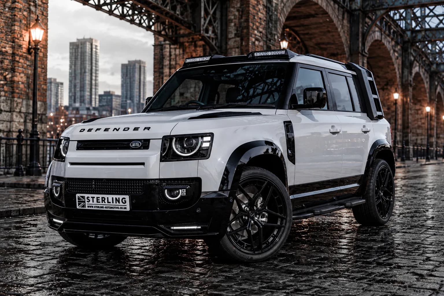 Black Sterling Land Rover Defender 110 in the Sterling workshop