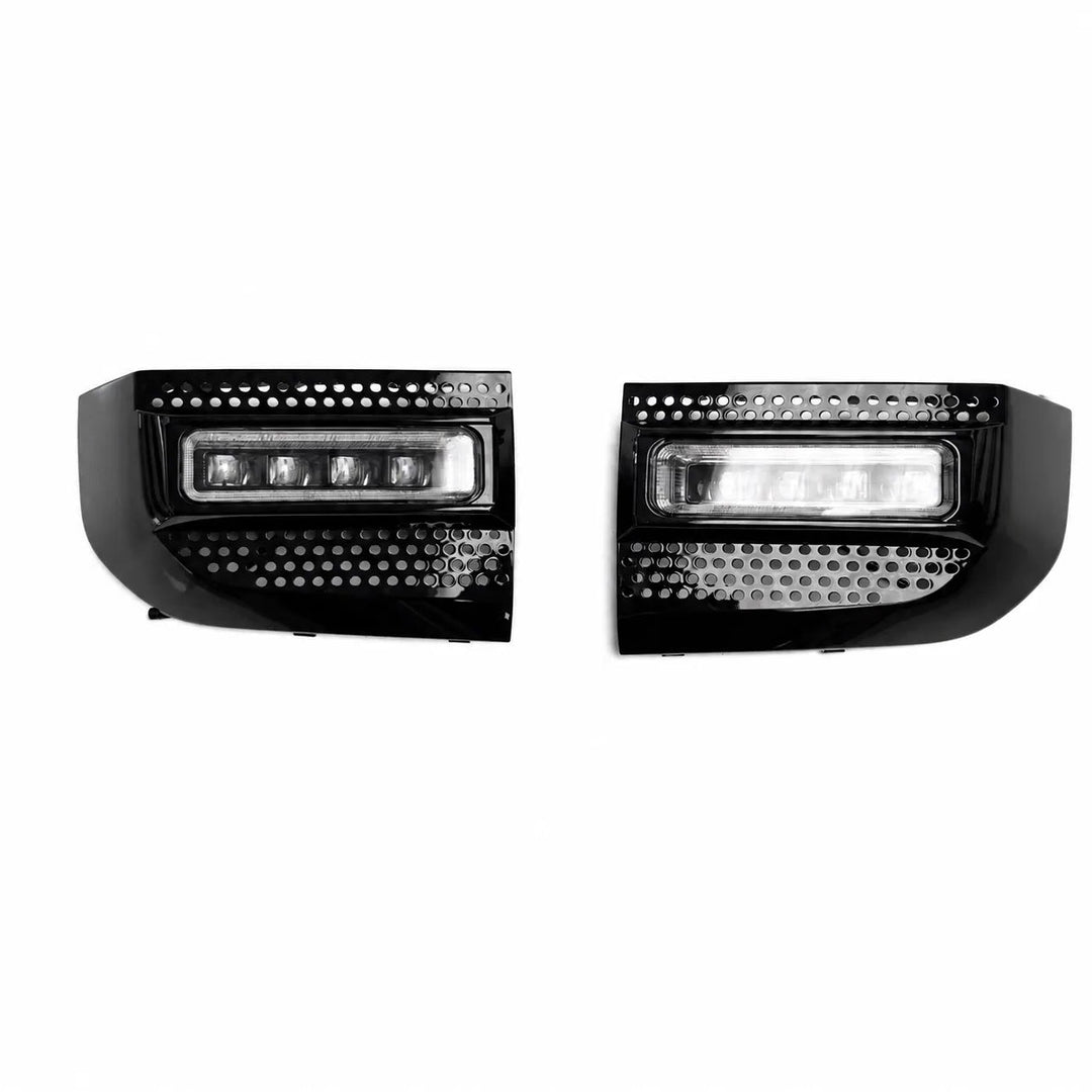 Two black LED lights with a honeycomb pattern on a white background